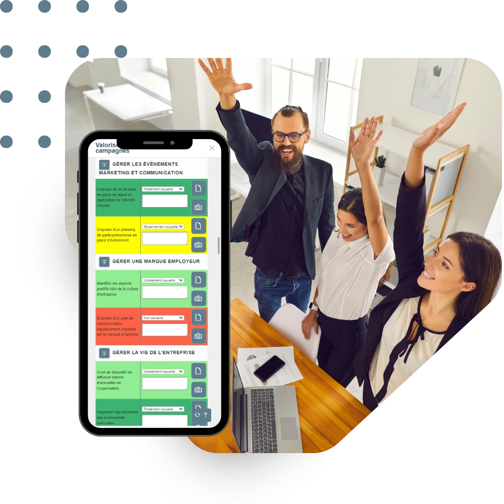 Interface digitale d'audit avec prise de photos et rattachement de documents